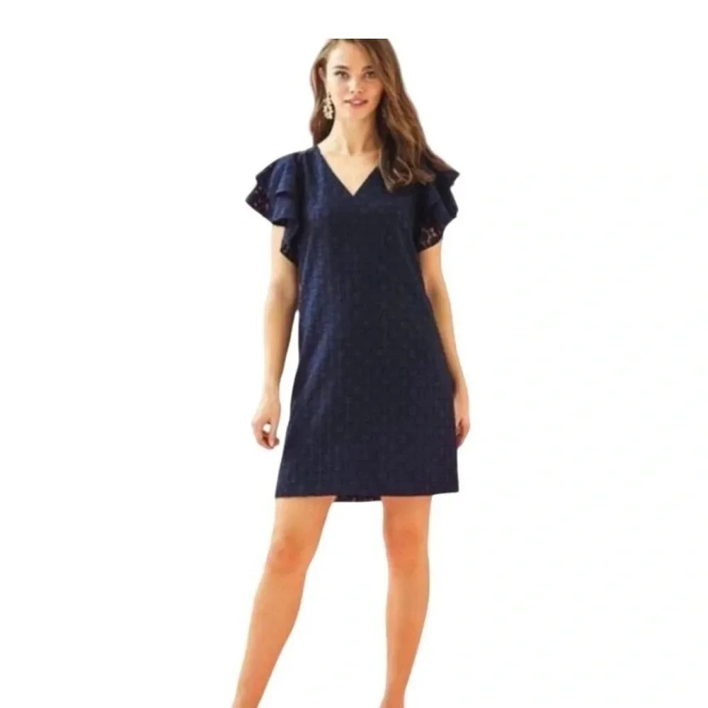 Lilly Pulitzer Navy Textured V-Neck Ruffle Sleeve Mini Dress